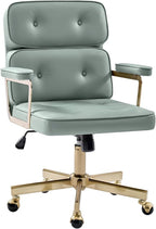 HULALA HOME Faux Leather Office Desk Chair with Golden Metal Legs, Comfy Upholstered Computer Chair with Tufted Backrest & Thick-Cushion Padded Armrest, Height Adjustable and 360°Swivel, Sage