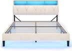 LED Full Bed Frame with Type-C & USB Charging Station, Full Size Bed Frame with Storage Headboard, Modern Velvet Upholstered Platform Bed with Shelf Headboard, Noise-Free, Creamy White