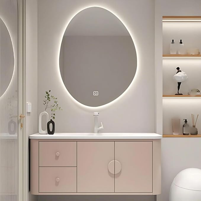 40IN Pink Modern Bathroom Vanity - Bathroom Vanities Set with 2 Drawers Wall Mounted | Rounded Corner Smart Defogging Mirror Cabinet with Lighting & Time Display, Side Opening Storage Shelf (Style B)