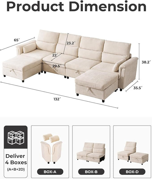132'' Oversized Modular Sectional Sofa, U Shaped Cloud Couch with Large Storage, Extra Deep Seat, Modern Chenille Sofa with Chaise, 6 Seat Convertible Couches for Living Room, Beige