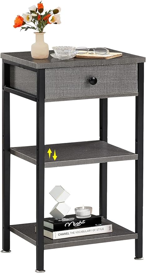 VECELO Tall End Side Table,Nightstand with Adjustable Shelf and Bin Drawer for Living Room/Bedroom/Entryway Small Spaces