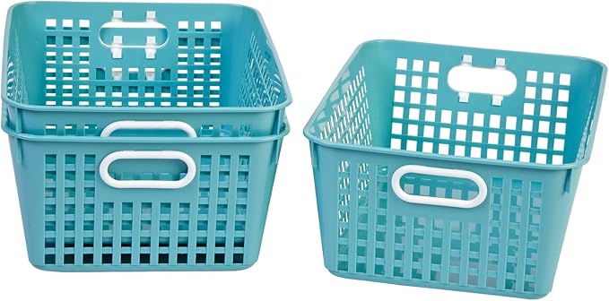 Really Good Stuff 160016WA Multi-Purpose Plastic Storage Baskets for Classroom or Home Use - Stackable Mesh Plastic Baskets with Grip Handles 13" x 10" (Water - Set of 12)