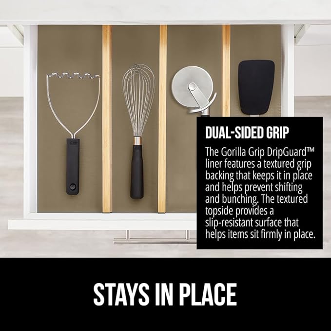 GORILLA GRIP DripGuard Shelf Liner, Non Adhesive Drawer and Kitchen Cabinet Protector, Slip Resistant BPA Free Smooth Surface Plastic Liners for Cabinets, Bathrooms, Closets, 17.5x120 Inch, Beige