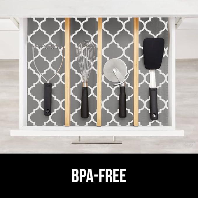 GORILLA GRIP DripGuard Shelf Liner, Non Adhesive Drawer and Kitchen Cabinet Protector, 24x240 Inch, Slip Resistant BPA Free Smooth Surface Plastic Liners for Cabinets, Bathrooms, Closets, White Gray