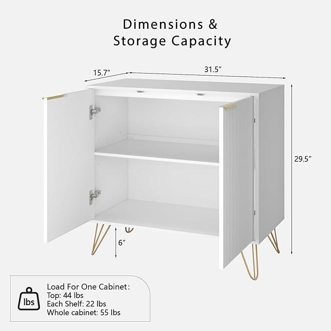 Fluted Storage Cabinet, 2 Doors Sideboard Buffet Cabinet, Modern Wood Accent Cabinet with Adjustable Shelves, Console Table for Living Room, Hallway, Entryway, White