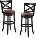 COSTWAY Bar Stools Set of 2, 30" Swivel Bar Height Bar Chairs with Copper Nails, Upholstered Seat, X-Shaped Backrest, Solid Rubber Wood Frame, for Kitchen Island Pub Bar
