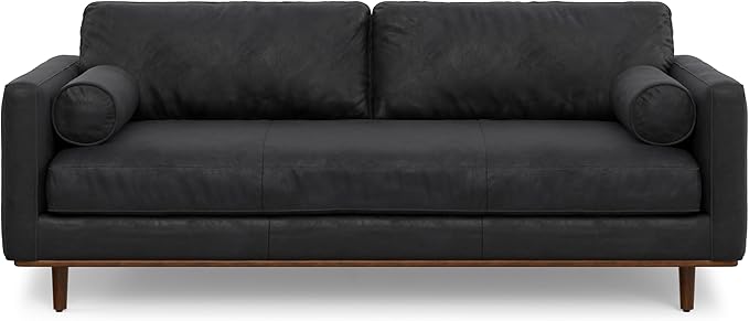 SIMPLIHOME Morrison 89-inch Wide Sofa in Lead Black Genuine Leather, Mid-Century Modern Design Couch for Living Room, Single Bench Cushion, 2 Back Cushions, 2 Bolster Pillows