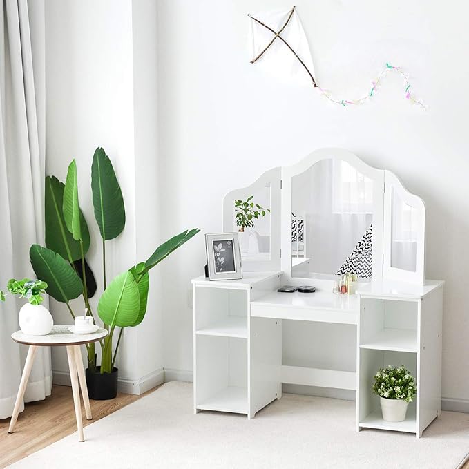 GOFLAME Kids Vanity Table, 2 in 1 Detachable Design with Dressing Table and Writing Desk, Princess Style, White MDF and Plastic Mirror, 42"×16"×46" (L×W×H), 2 Oversized Shelves, 3-Panel Mirror