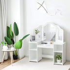 GOFLAME Kids Vanity Table, 2 in 1 Detachable Design with Dressing Table and Writing Desk, Princess Style, White MDF and Plastic Mirror, 42"×16"×46" (L×W×H), 2 Oversized Shelves, 3-Panel Mirror