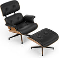 Top Black Grain Leather, Mid Century Chaise Lounge Chair and Ottoman, Modern Chair Classic Design, Walnut Wood, Heavy Duty Base Support for Living Room Office