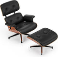 Top Black Grain Leather, Mid Century Chaise Lounge Chair and Ottoman, Modern Chair Classic Design, Palisander Wood, Heavy Duty Base Support for Living Room Office Study