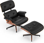 Top Black Grain Leather, Mid Century Chaise Lounge Chair and Ottoman, Modern Chair Classic Design, Palisander Wood, Heavy Duty Base Support for Living Room Office Study
