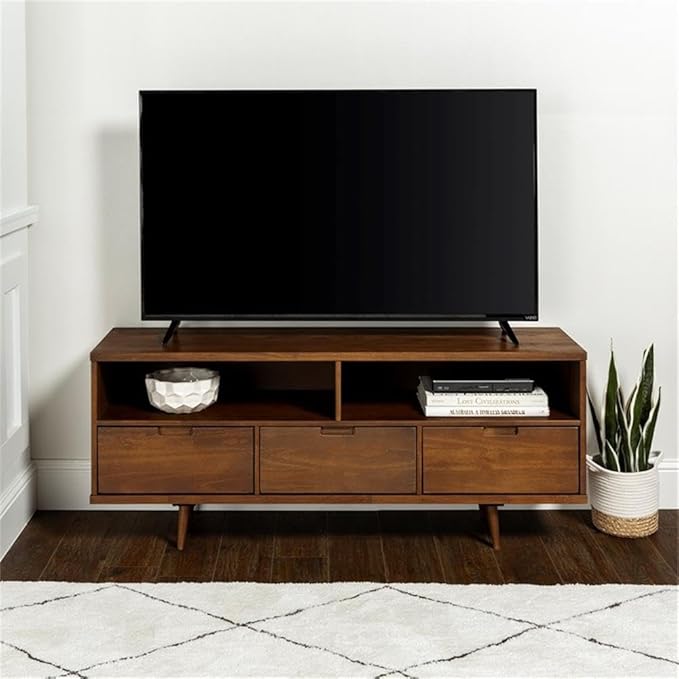 Walker Edison 3-Drawer Mid Century Modern Wood TV Stand for TV's up to 65" Flat Screen Cabinet Door Living Room Storage Entertainment Center, 58 Inch, Walnut