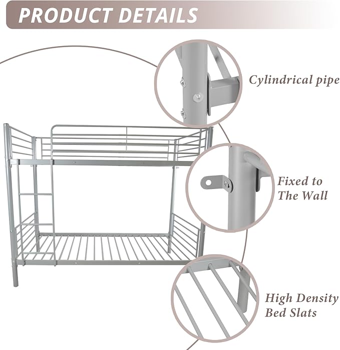Karl Home Grey Bunk Bed Twin Over Twin, Metal Bunk Bed with Built-in Ladder and Safety Guardrail, Space-Saving Bunk Beds for Kids, Teens & Adults, No Box Spring Needed