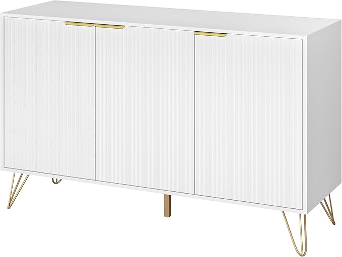 Fluted Buffet Cabinet,Wooden Console Storage with 3 Doors and Adjustable Shelves,White Sideboard for Entryway,Kitchen,Bathroom,Home Office