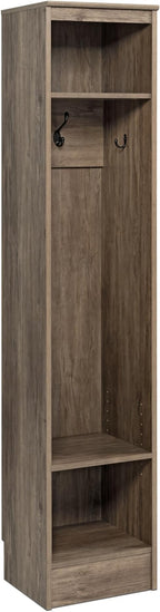 Prepac Narrow Coat Rack Freestanding Hall Tree with 3 Hooks, Entryway Furniture for Coat and Shoe Storage, Entryway Organization with an Adjustable Shelf, 14.75"W x 72.5"H x 15.5"D, Drifted Gray