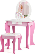 HONEY JOY Unicorn Kids Vanity, Toddler Makeup Table with Mirror and Stool, Wooden Pretend Play Vanity for Little Girls, Detachable Mirror and Storage Drawer, Kids Vanity Table and Chair Set (Pink)