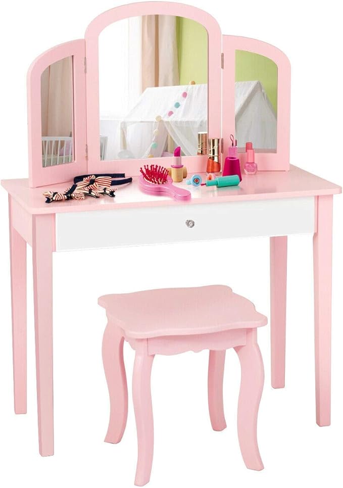 Costzon Kids Vanity, Girls Vanity Set with Tri-Folding Mirror, Stool, Storage Drawer, Princess Toddler Makeup Vanity Desk Dressing Table, Wooden Kids Vanity Table and Chair Set (Pink)