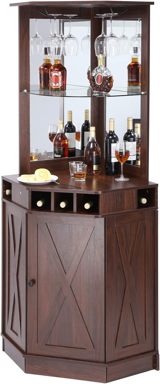 VEVOR Corner Industrial Bar Cabinet, Wine Table for Liquor & Glasses, Sideboard Buffet Cabinet with Glass Holder, Freestanding Farmhouse Wood Coffee Bar Cabinet for Living Room, Home Bar, Black Walnut