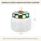 MACKENZIE-CHILDS Medium Kitchen Canister, Decorative Glass Storage Jar with Lid, Green-and-White Emerald Check