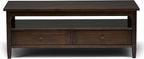 SIMPLIHOME Warm Shaker Coffee Table - 48 inch Wide Solid Wood Cocktail Table in Tobacco Brown, Transitional Living Room Table with 2 Storage Drawers and Open Shelf for Sitting Area or Lounge