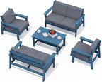 SERWALL HDPE Patio Furniture Set, 5 Piece All Weather Wood-Like Sectional Outdoor Furniture Set, Blue Patio Sofa Couch with Grey Cushions for Deck, Lawn