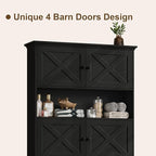 Over The Toilet Storage Cabinet, Farmhouse Storage Cabinet Over Toilet with 4 Barn Doors & Toilet Paper Holder Stand, Black Toilet Shelf Home Space Saver for Restroom, Bathroom, Laundry