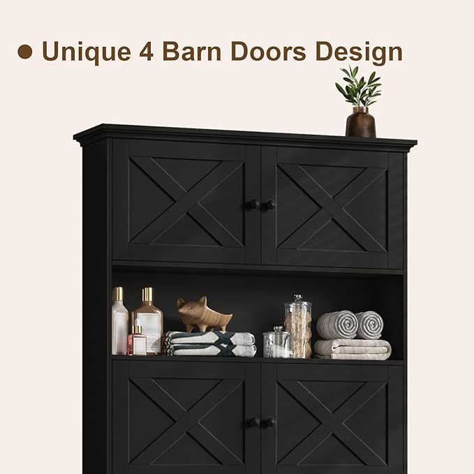 Over The Toilet Storage Cabinet, Farmhouse Storage Cabinet Over Toilet with 4 Barn Doors & Toilet Paper Holder Stand, Black Toilet Shelf Home Space Saver for Restroom, Bathroom, Laundry