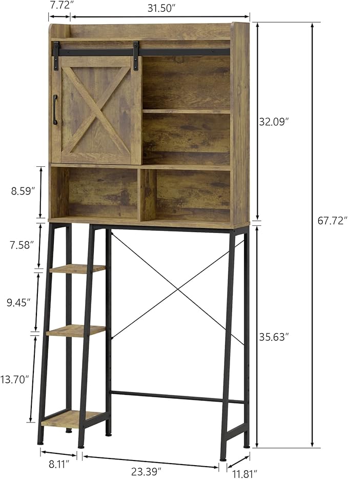 Over The Toilet Storage Cabinet, Farmhouse Storage Cabinet Over Toilet with Sliding Barn Door,Home Space-Saving Toilet Rack, for Bathroom, Restroom, Laundry.Brown.