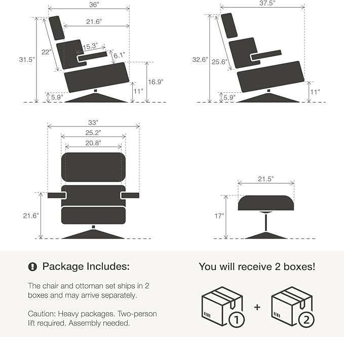 Top Grain Leather, Mid Century Chaise Lounge Chair and Ottoman, Modern Chair Classic Design, Heavy Duty Base Support for Living Room Study Lounge Office, Walnut-White, Heightening