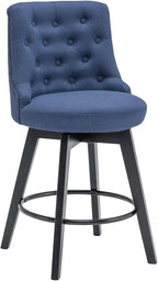 MINCETA Set of 2 Upholstered Bar Stools - 26 Inch Swivel Counter Height Stools with Low Tufted Back, Footrest & Performance Fabric - Round Seat for Kitchen Island & Home Bar Blue