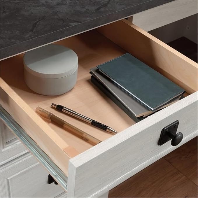 BOWERY HILL Engineered Wood L-Shaped Desk in Glacier Oak/Rosso Slate Accents