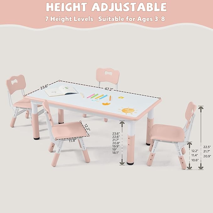 Adjustable Kids Table Chairs Set – Graffiti Desktop, Multi-Activity Height-Adjustable Toddler Study Desk for Ages 3-8 – Ideal for Home, Classroom, Daycare (B-Pink, 4 Chairs-47.2" L x 23.6" W)