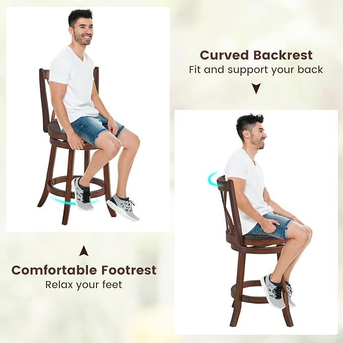 COSTWAY Bar Stools Set of 2, 360° Swivel Chairs with Rubber Wood Frame, 26 Inches PU Leather Cushioned Seat and Footrests, for Kitchen Island, Dining Room, Bar (Brown-26 inches, 2 stools)