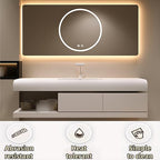 72IN Bathroom Vanity with Sink - Bathroom Cabinet Set has 2 Drawers & Overflow Hole Wall Mounted | LED Practical Defogging Mirror, Open Compartments, Seamless Rock Slab Basin (Khaki)