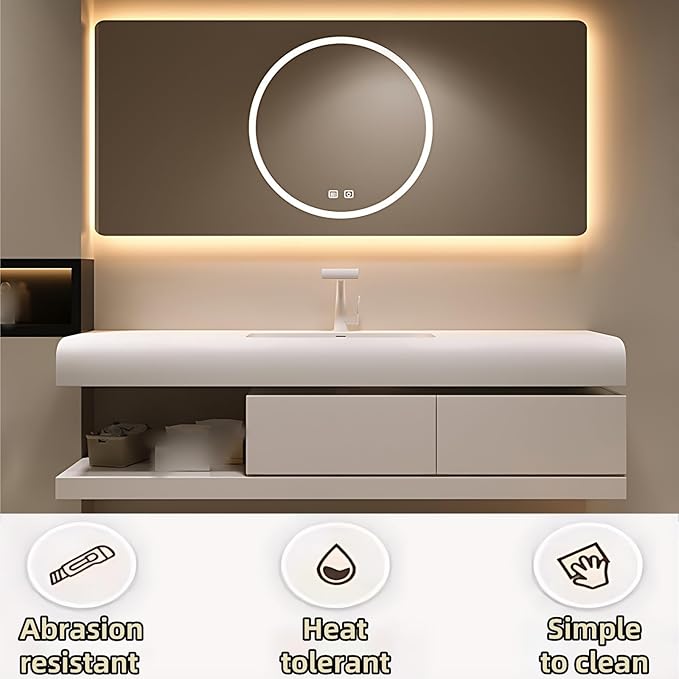 48IN Bathroom Vanity with Sink - Bathroom Cabinet Set has 2 Drawers & Overflow Hole Wall Mounted | LED Practical Defogging Mirror, Open Compartments, Seamless Rock Slab Basin (Khaki)