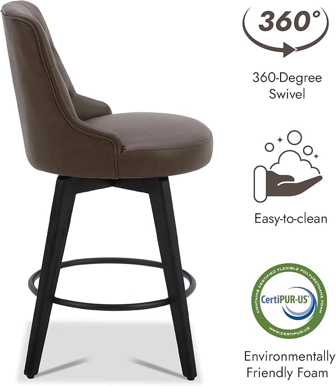 Watson & Whitely Modern Swivel Bar Stools, Faux Leather Upholstered Counter Height Bar Stools with Back, Solid Wood Legs, 26" H Seat, Set of 2, Chocolate