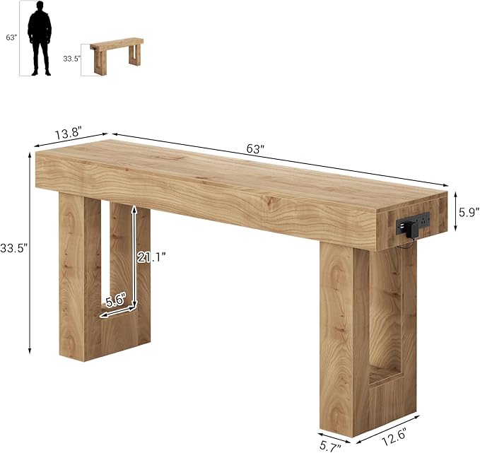 Unikito 63'' Farmhouse Console Table with Power Outlets and Sensor Light, Wooden Entryway Table with Storage, Rectangular Sofa Tables Behind The Couch for Entrance, Hallway, Living Room, Natural Oak