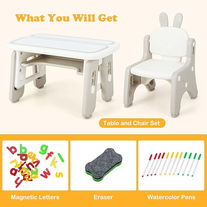 INFANS Kids Table and Chair Set, Activity Table with Magnetic Drawing Board 4 Gears Adjustable Height Bookshelf Watercolor Pens, Toddler Plastic Furniture Table for Playing Reading Eating