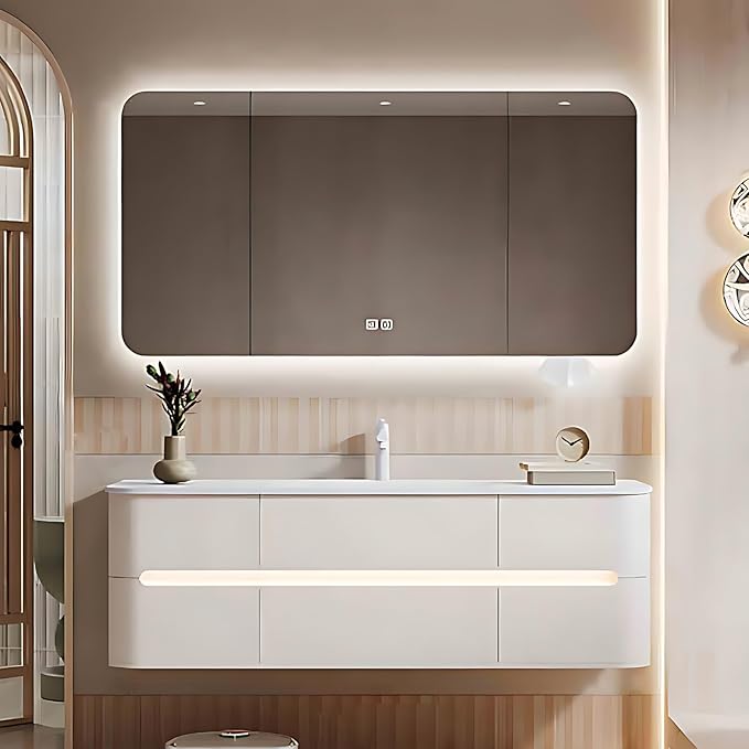 64IN Bathroom Vanity - Bathroom Vanity with Sink with Intelligent Induction Light | Wall-Mounted Bathroom Vanity with Intelligent LED Mirror Cabinet & 6 Drawers, Cream Color