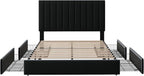 Allewie Full Size Storage Bed Frame, Vertical Channel Tufted Adjustable Headboard, Velvet Upholstered Platform Bed with 4 Oversized Underbed Drawers, Wooden Slats Support, No Box Spring Needed, Black