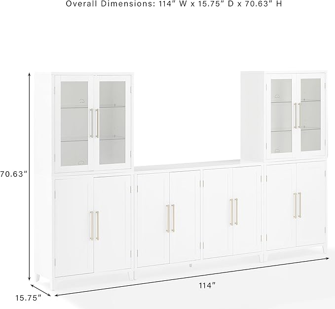 Crosley Furniture Roarke 3-Piece Modern Glass Door Sideboard Buffet Cabinet and Kitchen Storage Pantry Set, White