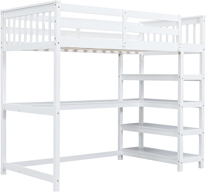 Twin Size Loft Bed with Storage Shelves and Under-Bed Desk,Bedroom Multifunctional Bed Frame w/Solid Wood Slat Support & Full-Length Guardrail,for Adult Boy Girl Teen,White