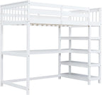 Twin Size Loft Bed with Storage Shelves and Under-Bed Desk,Bedroom Multifunctional Bed Frame w/Solid Wood Slat Support & Full-Length Guardrail,for Adult Boy Girl Teen,White