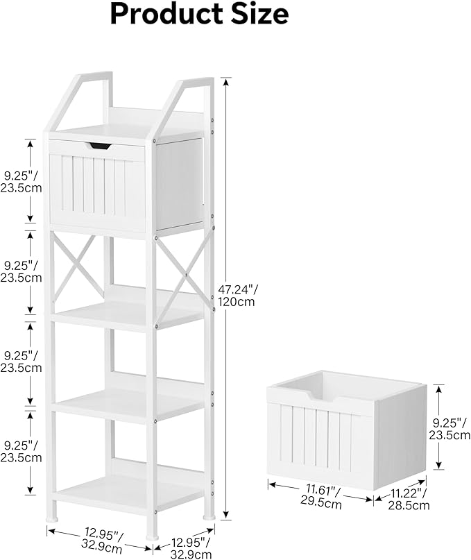 Bathroom Floor Cabinet, 5-Tier Bathroom Storage Organizer Rack with Drawer, Multifunctional Corner Unit, 47.24 Inches in Height, White