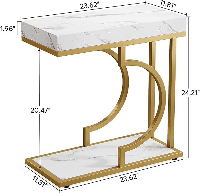 Tribesigns Narrow Side Table White Gold C Shaped End Table Modern Bedside Tables Small Chairside Table for Couch, Sofa Table with Metal Frame for Living Room (1, White+Gold)