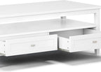 SIMPLIHOME Warm Shaker Coffee Table - 48 inch Wide Solid Wood Cocktail Table in White, Transitional Living Room Table with 2 Storage Drawers and Open Shelf for Sitting Area or Lounge