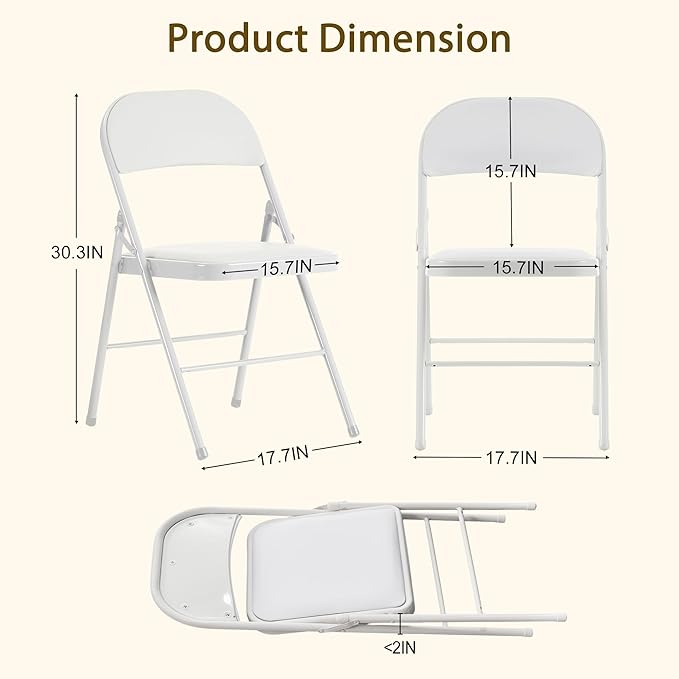 10 Pack Folding Chairs with Padded Cushion and Back, White Portable Heavy Duty Metal Frame Commercial Seat with 330-LBS Capacity for Indoor Outdoor Office Party Events Kitchen Wedding