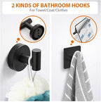 5-Pieces Matte Black Bathroom Hardware Set SUS304 Stainless Steel Round Wall Mounted - Includes 16" Hand Towel Bar, Toilet Paper Holder, 3 Robe Towel Hooks,Bathroom Accessories Kit