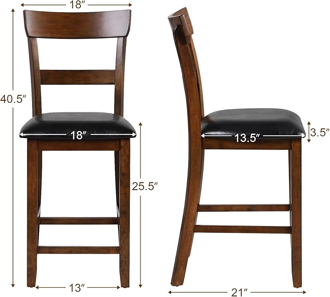 COSTWAY Counter Height Bar Stools Set of 2, 25.5 Inch Mid Century Modern Wooden High-top Chairs with Backrest, Rubber Wood Legs, Faux Leather Seat, Farmhouse Barstools for Kitchen Island, Pubs